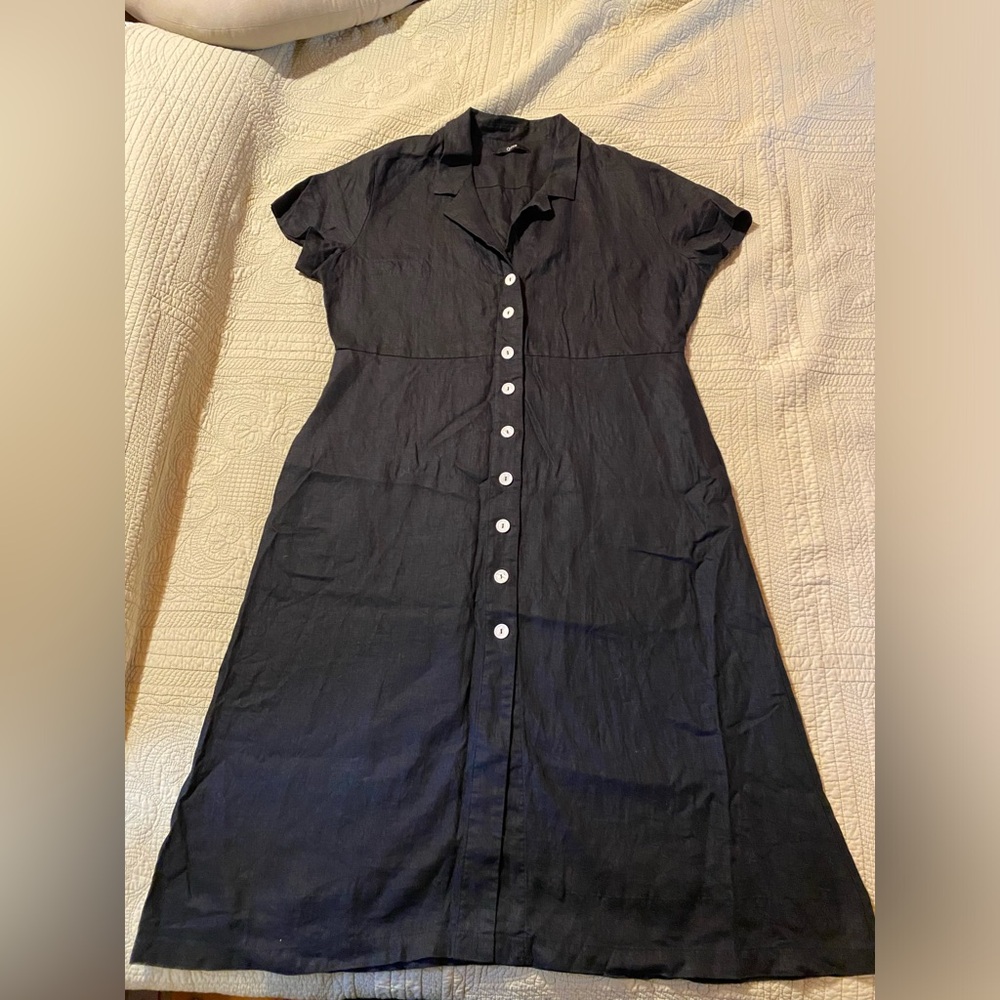 Quince Button Front Linen Dress 100% European Flax. Black. Size Large.